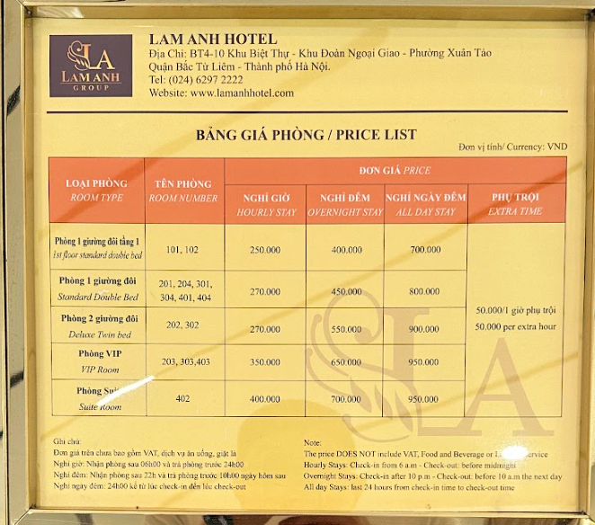 Bảng giá cập nhật mới của Biệt thự 4-10 Lam Anh Hotel.