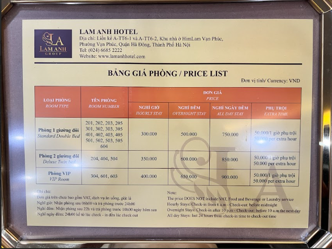 Bảng giá chi tiết cho từng hạng phòng tại Lam Anh Hotel Him Lam Vạn Phúc Hà Đông.